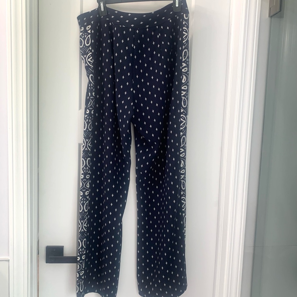 CAbi Navy Blue Patterned Wide-Leg Track Pants Sz 8 - Picture 8 of 10